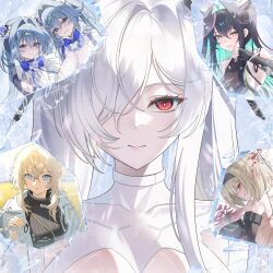  6+girls abe_(nikke) absurdres aqua_hair bare_shoulders black_hair blonde_hair blue_hair breasts bubble cinderella_(nikke) cleavage colored_inner_hair commentary_request english_commentary glass_shards glasses goddess_of_victory:_nikke gretel_(nikke) hair_intakes hair_over_one_eye hairband hansel_(nikke) highres lab_coat large_breasts layer_(layer_illust) light_smile little_mermaid_(nikke) looking_at_viewer mixed-language_commentary multicolored_hair multiple_girls old_tales_(nikke) red_eyes red_shoes_(nikke) ribbed_sweater short_hair siblings sidelocks smile sweater twins twintails two_side_up white_hair 