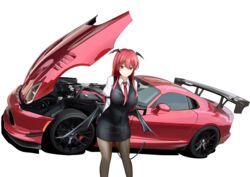  &gt;:) 3books absurdres armband arms_behind_back bat_wings black_pantyhose breasts car commentary_request cowboy_shot demon_tail dodge_viper dress_shirt female hair_between_eyes head_wings highres juliet_sleeves koakuma large_breasts long_hair long_sleeves looking_at_viewer low_wings motor_vehicle necktie open_hood pantyhose puffy_sleeves red_eyes red_hair red_necktie shirt sidelocks simple_background skirt skirt_set solo sports_car tail touhou v-shaped_eyebrows vehicle_focus vest white_background white_shirt wings 