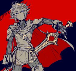  1boy bad_id bad_pixiv_id cosplay falchion_(fire_emblem) fingerless_gloves fire_emblem fire_emblem_awakening gloves highres link looking_at_viewer lucina_(fire_emblem) lucina_(fire_emblem)_(cosplay) male_focus monochrome pointy_ears solo super_smash_bros. sword the_legend_of_zelda the_legend_of_zelda:_twilight_princess tiara weapon yunako_(nkmichi) 