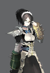  adjusting_eyewear armor black_hair bow breasts choker cowboy_shot eyelashes female female glasses grey_background hair_bun highres jewelry long_hair looking_at_viewer maid maid_headdress medium_breasts overlord_(maruyama) parted_lips simple_background solo spiked_bracelet spikes standing yellow_eyes yu_kitsune yuri_alpha 