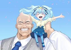  1boy :d ^_^ absurdres bald blue_hair blue_sky blush byackopath_(artist) cherry_blossoms closed_eyes commentary_request family father_and_daughter female gou_takeo grin hair_ornament happy highres hoshikawa_lily idol light_blue_hair lolicon manly necktie open_mouth outstretched_arms pantyhose sitting_on_shoulder size_difference skirt sky smile spoilers spread_arms star_(symbol) star_hair_ornament teeth twintails zombie_land_saga 