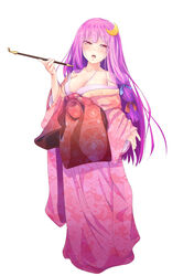  alternate_costume asa_no_ha_(pattern) bad_id bad_pixiv_id blue_ribbon blush breasts cleavage collarbone crescent crescent_hair_ornament female floral_print hair_ornament hair_ribbon highres holding holding_smoking_pipe japanese_clothes kikumon kimono kiseru large_breasts long_hair looking_at_viewer nekomiyanono obi off_shoulder open_mouth patchouli_knowledge pink_kimono purple_eyes purple_hair red_ribbon ribbon sash sayagata shippou_(pattern) simple_background smoking_pipe solo teeth touhou white_background yuujo 