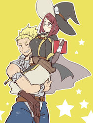  1boy bad_id bad_pixiv_id blonde_hair book commentary_request female fire_emblem fire_emblem_awakening glasses hat miriel_(fire_emblem) red_hair short_hair shougayaki_(kabayaki_3) smile spiked_hair vaike_(fire_emblem) witch_hat 