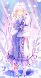  absurdres barefoot blue_eyes blurry blurry_background blush commentary_request depth_of_field dress female frilled_dress frilled_sleeves frills full_body highres hugging_object long_hair long_sleeves looking_at_viewer maou_no_ore_ga_dorei_elf_wo_yome_ni_shitanda_ga_dou_medereba_ii? menghuan_tian nail_polish nephelia nose_blush parted_lips pigeon-toed pillow pillow_hug pointy_ears purple_dress purple_nails signature silver_hair solo standing toenail_polish toenails wide_sleeves 