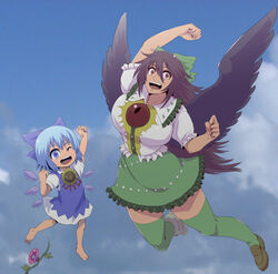  2girls :d ;d arm_up asymmetrical_footwear bare_arms bare_legs barefoot black_wings blue_bow blue_dress blue_eyes blue_hair blue_sky bow brown_hair cirno clenched_hands cloud collared_shirt commentary_request day dress floating flower frilled_shirt frilled_shirt_collar frilled_skirt frilled_sleeves frills full_body green_bow green_skirt gundam gundam_g_no_reconguista hairbow hand_up hanemikakko hidden_star_in_four_seasons ice ice_wings long_hair looking_at_viewer mismatched_footwear multiple_girls one_eye_closed open_mouth outdoors plant puffy_short_sleeves puffy_sleeves red_eyes reiuji_utsuho shirt short_hair short_sleeves skirt sky smile sunflower tan tanned_cirno thighhighs touhou trait_connection vines wing_collar wings zettai_ryouiki 