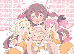  4girls =_= animal_ears blade_(galaxist) blonde_hair blue_eyes blush braid brown_hair carrie_alberta closed_eyes commentary_request demon_girl dress elf emelia_pris farfalia group_hug head_wings heart hug juno_bernal lion_ears lion_girl long_hair maid_headdress multiple_girls oerba_yun_fang open_mouth paw_pose photoshop_(medium) pink_hair pointy_ears pop-up_story red_eyes skin_fang translated twin_braids twintails wings 