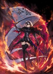  absurdres ahoge armor armored_dress ass_visible_through_thighs black_thighhighs blonde_hair boots breasts commentary_request elbow_gloves fate/grand_order fate_(series) female fire flag gloves hair_between_eyes highres holding holding_flag jeanne_d&#039;arc_alter_(avenger)_(fate) jeanne_d&#039;arc_alter_(avenger)_(first_ascension)_(fate) jeanne_d&#039;arc_alter_(fate) korean_commentary long_hair long_sleeves looking_at_viewer medium_breasts mhg_(hellma) short_hair smile solo thighhighs yellow_eyes zettai_ryouiki 