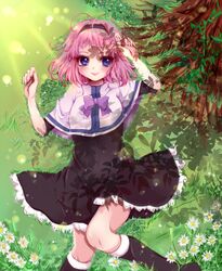  boots bow capelet commentary female flower from_above gokukoku_no_brynhildr grass hairband kazumi_schlierenzauer lying on_back outdoors pink_hair purple_bow purple_eyes shadow smile solo tree ume_(pixiv624546) under_tree 