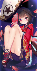  :o absurdres animal bare_legs black_footwear black_skirt blunt_bangs blush commentary_request dark_background female fetal_position fish floral_print full_body hands_on_own_knees highres japanese_clothes jyt kagura_(onmyoji) kimono long_sleeves looking_at_viewer miniskirt onmyoji open_mouth parasol petals pink_eyes pleated_skirt red_kimono red_ribbon ribbon sash shiny_skin shoes short_hair skirt star_(symbol) star_print tassel thighs toeless_footwear toes umbrella underwater white_umbrella wide_sleeves 