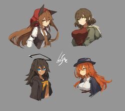  4girls ahoge bad_id bad_tumblr_id black_hair blue_eyes bow bowtie breasts brown_hair brown_vest closed_mouth colho_(lansane) commentary dark-skinned_female dark_skin english_commentary green_eyes grey_background grin hat hood hood_down hooded_jacket huge_ahoge jacket lansane large_breasts long_hair long_sleeves looking_at_viewer medium_breasts multiple_girls neck_ribbon one_eye_closed open_clothes open_jacket orange_bow orange_bowtie orange_eyes orange_hair original quadriri_(lansane) red_ribbon red_shirt ribbon scar school_uniform serafuku shirt short_hair signature simple_background smile spore_(lansane) tsana_(lansane) upper_body vest white_shirt 