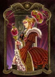  arched_crown bad_id bad_pixiv_id blonde_hair bustle card_(medium) crown dress earrings female frilled_sleeves frills jewelry long_hair original oversized_crown photoshop_(medium) profile purple_eyes red_crown scepter sidelocks solo tarot tarot_(medium) the_empress_(tarot) tiara tobi_(kotetsu) wide_sleeves 