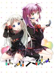  2girls applying_makeup blue_eyes bottle brown_eyes commentary_request compact_(cosmetics) face_powder futaki_kanata holding holding_compact little_busters! little_busters!_school_uniform long_hair makeup mascara mirror mouth_hold multiple_girls nail_polish noumi_kudryavka purple_hair rouge_(makeup) rubber_band school_uniform side_ponytail takumi_(scya) tying_hair white_hair 