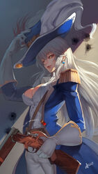  breasts cleavage commentary_request cowboy_hat crusaders_quest d&#039;artagnan_(crusaders_quest) earrings female gloves gun hat highres huge_breasts jewelry long_hair open_mouth photoshop_(medium) shotgun smile solo squidsmith uniform weapon white_hair yellow_eyes 