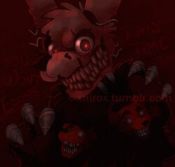  2015 animatronic anthro bear black_nose canid canine claws conditional_dnp english_text five_nights_at_freddy&#039;s five_nights_at_freddy&#039;s_4 freddles_(fnaf) freddy_(fnaf) fur laugh machine male mammal nightmare_freddy_(fnaf) nightmare_fuel red_body red_fur robot scottgames sharp_teeth soul_devouring_eyes teeth text xnirox 