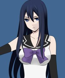  aibi12634761 bad_id bad_pixiv_id blue_background blue_eyes blue_hair bow breasts elbow_gloves female gloves gokukoku_no_brynhildr highres kuroha_neko large_breasts long_hair purple_bow simple_background solo upper_body 