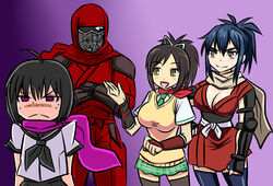  1boy 3girls ahoge angry arm_guards asuka_(senran_kagura) black_hair blue_hair breast_envy breasts brown_eyes brown_hair cleavage commentary_request crossover fujikido_kenji highres large_breasts manyuu_chifusa manyuu_hikenchou mask miniskirt multiple_girls necktie ninja ninja_slayer plaid plaid_skirt ponytail purple_background purple_eyes red_eyes scarf school_uniform senran_kagura serafuku short_hair short_sleeves skirt sweat sweater_vest thighhighs tonda yamoto_koki 