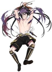  1boy armor clenched_teeth fudou_yukimitsu fudou_yukimitsu_(kiwame) full_body japanese_armor kote male_focus minato_(robin) official_art ponytail purple_eyes purple_hair shin_guards short_sword shorts sword tantou teeth topless_male torn_clothes torn_shorts touken_ranbu transparent_background weapon 