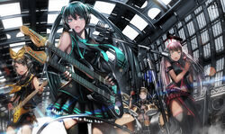  1boy 3girls aqua_hair bad_id bad_pixiv_id band bass_guitar blonde_hair detached_sleeves double_neck_guitar drum drum_set elbow_gloves electric_guitar fingerless_gloves gloves green_eyes grin guitar hatsune_miku headphones highres instrument kagamine_len kagamine_rin long_hair madu megurine_luka microphone microphone_stand midriff multiple_girls music navel open_mouth photoshop_(medium) pink_hair playing_instrument sailor_collar short_hair shorts singing skirt smile speaker thighhighs twintails unconventional_guitar vocaloid 