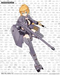  blonde_hair blue_eyes breasts bullet cannon cleavage female large_breasts mecha_musume military nashorn_atg_(panzer_waltz) official_art panzer_waltz pleated_skirt ponytail skirt smile solo stmast thighhighs thighs 