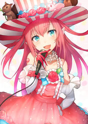  aqua_eyes bangs banned_artist bare_shoulders blush cable commentary_request cowboy_shot detached_sleeves dress earrings elizabeth_bathory_(fate) elizabeth_bathory_(fate)_(all) eyebrows_visible_through_hair fate/grand_order fate_(series) flower frilled_sleeves frills hand_on_hip hat hat_flower head_tilt holding holding_microphone jewelry kyoeiki long_hair long_sleeves looking_at_viewer microphone music neck_garter pastel_colors pink_dress pink_flower pink_hair pink_rose pointy_ears rose shiny shiny_hair simple_background singing solo standing striped striped_hat stuffed_animal stuffed_pig stuffed_squirrel stuffed_toy tareme top_hat vertical-striped_hat vertical_stripes white_background wrist_cuffs 