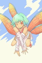  aqua_hair female fuu_(naruto) hair_ornament hairclip insect_wings midriff mizuto_(o96ap) naruto naruto_(series) naruto_shippuuden one_eye_closed red_eyes short_hair solo wings 