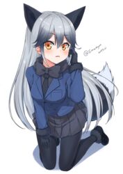  animal_ears black_bow black_bowtie black_gloves black_necktie black_skirt blue_jacket bow bowtie breasts commentary_request dated extra_ears female fox_ears fox_tail fur-trimmed_sleeves fur_trim gloves highres jacket kemono_friends large_breasts long_hair looking_at_viewer multicolored_hair necktie open_mouth pantyhose silver_fox_(kemono_friends) simple_background sitting skirt solo tail takanashi_sora_(soramyon) twitter_username white_background yellow_eyes 