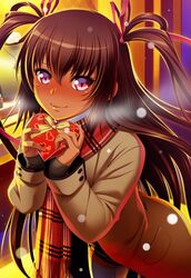  00s aoi_nagisa_(artist) aoi_nagisa_(metalder) blush brown_hair casual chocolate chocolate_heart coat dark_skin female female heart heart-shaped_box highres legwear lilith-soft long_hair looking_at_viewer mizuki_yukikaze pink_eyes plaid plaid_scarf scarf skirt smile snowing solo taimanin_(series) taimanin_asagi taimanin_asagi_battle_arena taimanin_asagi_kessen_arena taimanin_yukikaze taimanin_yukikaze_2 thighhighs twintails two_side_up very_long_hair white_legwear winter_clothes winter_coat 