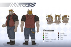  adharc angry anthro ass begami big_muscles boots bottomwear bulge cel_shading clenched_teeth clothed clothing color_scheme color_swatch english_text footwear fully_clothed grey_body grey_skin happy hi_res horn jacket male mammal model_sheet muscular muscular_anthro muscular_male pants pose rhinoceros sad shaded shirt solo teeth text thorsoneyja topwear 