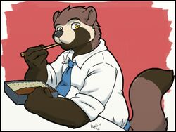  4:3 anthro biped canid canine chopsticks clothed clothing digital_media_(artwork) eating fluffy fluffy_tail food furniture housepets! itsuki_(housepets!) looking_at_viewer male mammal necktie nogitsunegabriel raccoon_dog rice shirt signature sitting slightly_chubby solo table tail tanuki topwear 