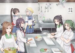  6+girls amagi_(kancolle) anti_(untea9) apron black_hair brown_eyes brown_hair carrot closed_mouth commentary_request crossed_arms cutting_board daikon food grey_hair hair_between_eyes hair_ornament hair_ribbon hair_scrunchie hairclip hakama hakama_short_skirt hakama_skirt hamakaze_(kancolle) high_ponytail highres indoors isokaze_(kancolle) japanese_clothes kantai_collection kappougi katsuragi_(kancolle) kitchen kitchen_knife knife long_hair long_sleeves looking_at_another mole mole_under_eye multiple_girls open_mouth osandon ponytail purple_hair radish red_skirt ribbon santoku_knife scrunchie shikigami short_hair short_sleeves skirt smile sweat taigei_(kancolle) translation_request twintails vegetable white_ribbon you&#039;re_doing_it_wrong zuikaku_(kancolle) 