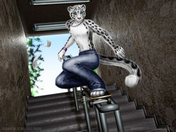  3d_(artwork) 4:3 anthro barefoot biped black_body black_fur bottomwear clothed clothing dan_scarlet denim denim_bottomwear denim_clothing digital_media_(artwork) feet felid fur green_eyes gronz hi_res irbis jeans male mammal pantherine pants pink_nose plant scooter skateboard skateboarding skater sky snow_leopard solo text topless tree vehicle white_body white_fur wristband 