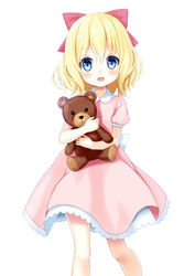  blonde_hair blue_eyes bow commentary_request dress female hug lolicon mother_(game) mother_2 open_mouth paula_(mother_2) photoshop_(medium) pink_dress ribbon setona_(daice) short_hair smile solo stuffed_animal stuffed_toy teddy_bear teddy_bear_(mother_2) 