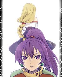  2girls arc_the_lad arc_the_lad_ii blonde_hair braid closed_mouth commentary_request dress high_ponytail kukuru_(arc_the_lad) lieza_(arc_the_lad) long_hair looking_at_viewer multiple_girls ponytail purple_eyes purple_hair simple_background single_braid smile standing surume_(surume_8738) very_long_hair white_background 