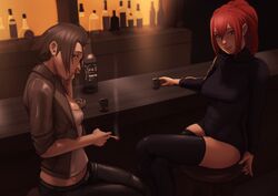  2girls alcohol bad_id bad_link bar_(place) bottle breasts brown_eyes brown_hair cigarette cleavage crossed_legs dress highres jack_daniel&#039;s jane_doe_(john_doe_(jdart)) john_doe_(jdart) long_hair looking_at_viewer medium_breasts multiple_girls original ponytail red_hair serenya short_hair sitting smoking sweater sweater_dress thighhighs turtleneck whiskey 