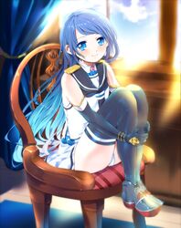  banned_artist bare_shoulders black_legwear blue_eyes blue_hair chair cloud hair_ornament kantai_collection long_hair looking_at_viewer panties pantyshot pantyshot_(sitting) poko_(mammypoko) samidare_(kantai_collection) school_uniform serafuku sitting sky smile solo thighhighs underwear very_long_hair white_panties window 