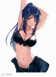  :/ absurdres armpits arms_up bikini bikini_under_clothes black_bikini blue_hair bodysuit bow breasts cleavage closed_mouth collarbone cowboy_shot diving_suit expressionless female hairbow head_tilt high_ponytail highres huanxiang_heitu large_breasts leaning_to_the_side long_hair looking_at_viewer love_live! love_live!_sunshine!! matsuura_kanan navel open_clothes open_wetsuit page_number photoshop_(medium) ponytail purple_eyes scan simple_background solo standing stomach stretching swimsuit wetsuit white_background white_bow 