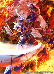  1boy armor arrow_(projectile) belt blonde_hair blue_eyes commentary_request company_name fingerless_gloves fire fire_emblem fire_emblem:_mystery_of_the_emblem fire_emblem_cipher gloves holding holding_sword holding_weapon male_focus mayo_(becky2006) official_art ogma_(fire_emblem) scar solo sword weapon 