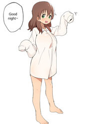  absurdres bare_legs barefoot blush breasts brown_hair bural_chingu commentary english_text female full_body green_eyes ham_na-bi highres korean_commentary long_hair long_sleeves looking_at_viewer luke_(dydansgur) naked_shirt open_mouth original shirt simple_background sleeves_past_fingers sleeves_past_wrists solo speech_bubble standing white_background 