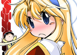  1boy :&lt; :x aoi_kazuya black_hair blonde_hair blue_eyes blush blush_stickers chibi commentary_request female freezing_(series) hairband long_hair muramasa_mikado photoshop_(medium) satellizer_el_bridget sweatdrop 