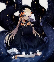  abigail_williams_(fate/grand_order) absurdres bangs black_bow black_dress black_footwear black_hat blonde_hair blue_eyes blush bow commentary_request dress fate/grand_order fate_(series) full_body hairbow hand_on_own_head hat highres key light_particles long_hair long_sleeves looking_at_viewer mary_janes misshao_00 open_mouth orange_bow parted_bangs polka_dot polka_dot_bow shoes sitting sleeves_past_fingers sleeves_past_wrists solo tentacle very_long_hair yokozuwari 