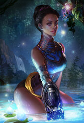  arm_cannon armlet black_hair breasts commentary dark-skinned_female dark_skin dreadlocks english_commentary facial_tattoo fan_yang_(jiuge) female flower hair_bun high_collar highres leaning_forward leotard lips marvel medium_breasts night night_sky nose photoshop_(medium) realistic shuri_(marvel) single_hair_bun sky sleeveless solo star_(sky) starry_sky tattoo tribal_tattoo updo wading weapon wet 