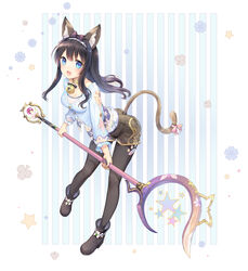  animal_ears bell black_hair blue_eyes bow collar commentary_request female long_hair neck_bell original pantyhose photoshop_(medium) ribbon sayika smile solo staff star_(symbol) tail tail_bow tail_ornament tail_ribbon 