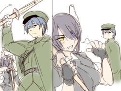  1boy blue_hair commentary_request dandara_(karakure) eyepatch female head_bump headgear kantai_collection military_police original purple_hair shinai short_hair sword tenryuu_(kancolle) uniform weapon 