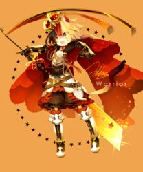  1other :o androgynous animal_ear_fluff animal_ears argyle armor armored_dress ashisu_(shisono) boots bow breastplate cape commentary_request crown dog_ears dress english_text faulds full_body gauntlets hairbow holding holding_sword holding_weapon knee_boots knight long_hair looking_away multicolored_hair open_mouth orange_background original outstretched_arm red_cape red_dress red_legwear signature simple_background solo sparkle standing star_(symbol) sword tilted_headwear tsurime weapon white_footwear 