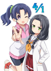  2girls abe_kanari bike_shorts black_hair black_shorts blue_hair braid commentary_request cowboy_shot green_eyes green_scrunchie hair_ornament hair_scrunchie hands_in_pockets high_school_fleet jacket kaburagi_minami lab_coat long_hair looking_at_viewer multicolored_clothes multicolored_jacket multiple_girls neckerchief one_eye_closed open_mouth photoshop_(medium) pleated_skirt purple_eyes red_footwear red_skirt sailor_collar school_uniform scrunchie serafuku shoes shorts side_ponytail simple_background skirt smile sneakers standing standing_on_one_leg track_jacket twin_braids wazumi_hime white_background white_sailor_collar yellow_neckerchief yokosuka_girls_marine_high_school_uniform 