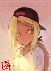  backwards_hat bad_id baseball_cap blonde_hair collared_shirt dress_shirt female godsh0t hat highres long_hair long_sleeves looking_at_viewer mole mole_under_eye original shirt smile solo sunlight upper_body white_shirt yellow_eyes 