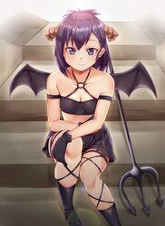  black_gloves blush breasts cleavage commentary_request demon_girl demon_horns demon_wings female gabriel_dropout gloves hallelujah_essaim horns looking_at_viewer medium_breasts o-ring o-ring_top polearm purple_eyes purple_hair rixch smile solo stairs trident vignette_tsukinose_april weapon wings 