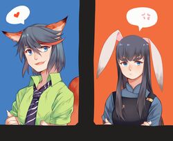  2girls :d alternate_costume anger_vein animal_ears black_hair blue_eyes blue_shirt chinese_commentary closed_mouth collared_shirt commentary_request cosplay fingernails fox_ears fox_tail green_shirt hair_between_eyes hawaiian_shirt heart judy_hopps judy_hopps_(cosplay) kemonomimi_mode kill_la_kill kiryuuin_satsuki long_fingernails long_hair looking_at_viewer matoi_ryuuko multicolored_hair multiple_girls necktie nick_wilde nick_wilde_(cosplay) open_mouth police police_uniform policewoman pout print_shirt rabbit_ears red_hair sharp_fingernails shirt short_hair short_sleeves siblings sisters smile speech_bubble spoken_anger_vein spoken_heart streaked_hair striped striped_necktie tail thick_eyebrows uniform upper_body yorukun zootopia 