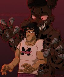  2015 animatronic anthro boxers_(clothing) clothing conditional_dnp duo eyewear five_nights_at_freddy&#039;s five_nights_at_freddy&#039;s_4 freddles_(fnaf) fur glasses hair hat headgear headwear hi_res human jibberjabbers_(character) machine male mammal markiplier nightmare_freddy_(fnaf) robot scottgames shirt teeth top_hat topwear underwear xnirox 