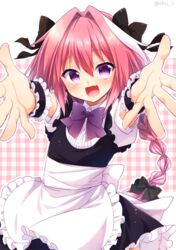  1boy aichi_shiho astolfo_(fate) black_bow blush bow braid commentary_request crossdressing fate/apocrypha fate_(series) hair_intakes hair_ribbon long_hair looking_at_viewer maid maid_headdress male_focus male_maid open_mouth otoko_no_ko pink_hair plaid plaid_background purple_bow purple_eyes reaching reaching_towards_viewer ribbon single_braid smile solo 